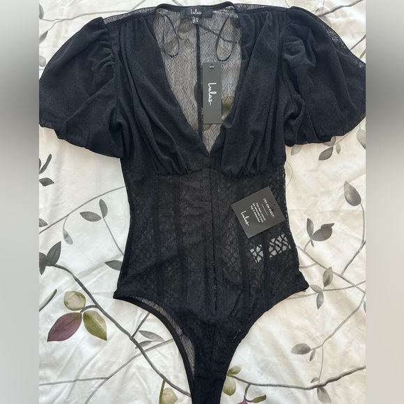 Lulus Properly Trendy Black Mesh Puff Sleeve Bodysuit - Size XS - Picture 2 of 3